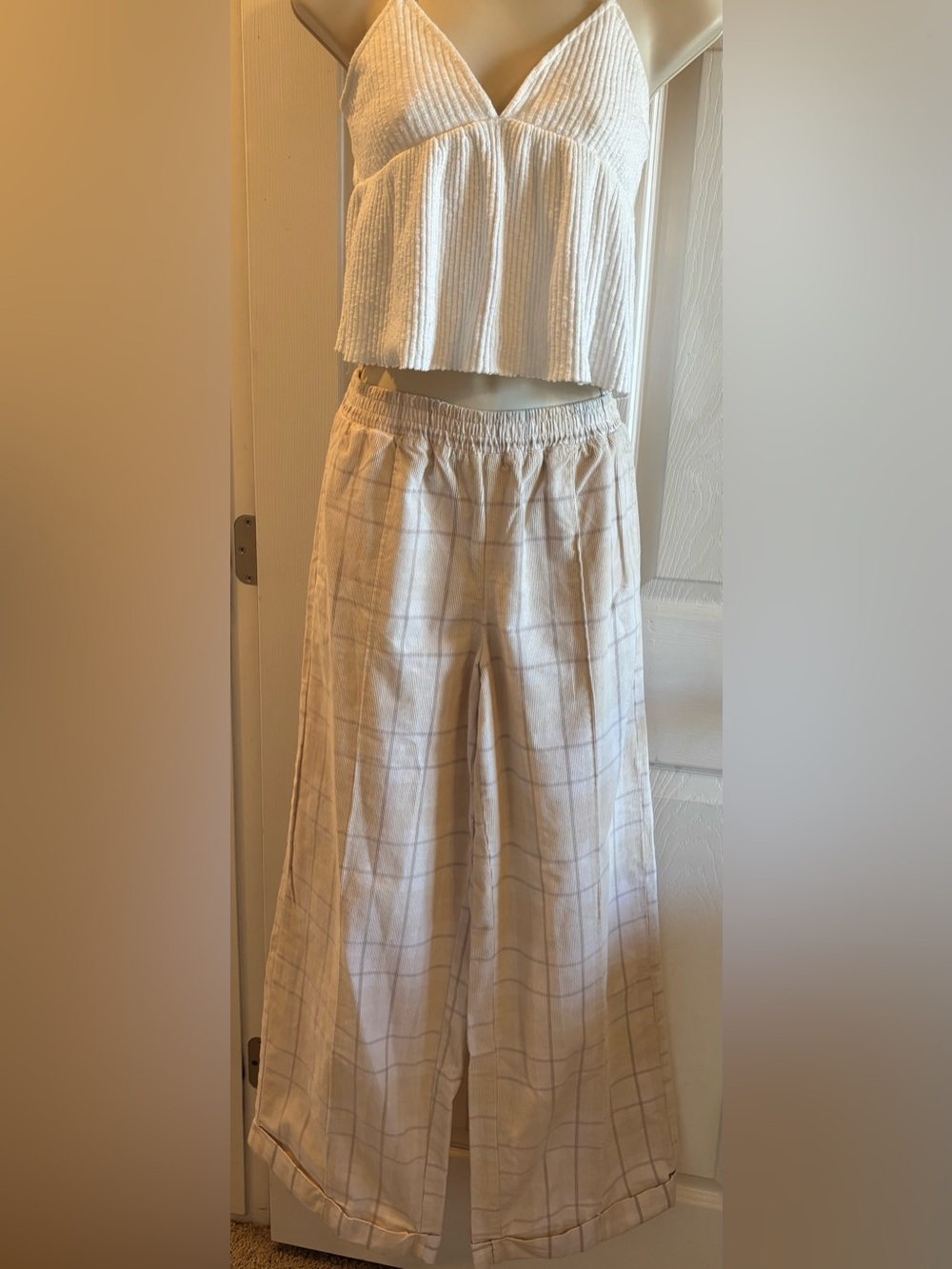 Aerie Cream Plaid Wide-leg corduroy pants